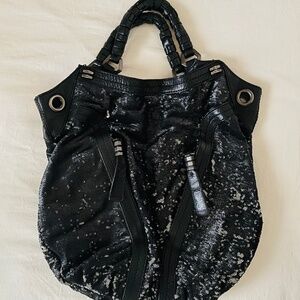 ORYANY black leather silver sequined bag